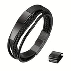 Un brazalete tejido multicapa diseñado para hombres, equipado con un cierre curvo de marca. Su longitud ajustable lo convierte en un regalo ideal para hombres