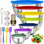 Juego de 22 piezas/10 piezas de ensaladeras avanzadas de acero inoxidable con tapa, base de silicona mejorada, grupo de ensaladeras apilables, aptas para lavavajillas, 5L, 4.5L, 4L, 2.4L, 1.7L, 1.3L, 0.8L, paquete mixto, ensaladeras para preparación de co