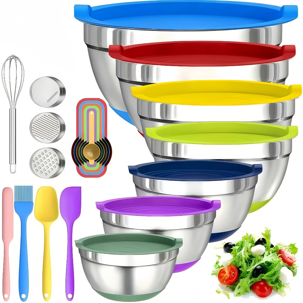 Juego de 22 piezas/10 piezas de ensaladeras avanzadas de acero inoxidable con tapa, base de silicona mejorada, grupo de ensaladeras apilables, aptas para lavavajillas, 5L, 4.5L, 4L, 2.4L, 1.7L, 1.3L, 0.8L, paquete mixto, ensaladeras para preparación de co