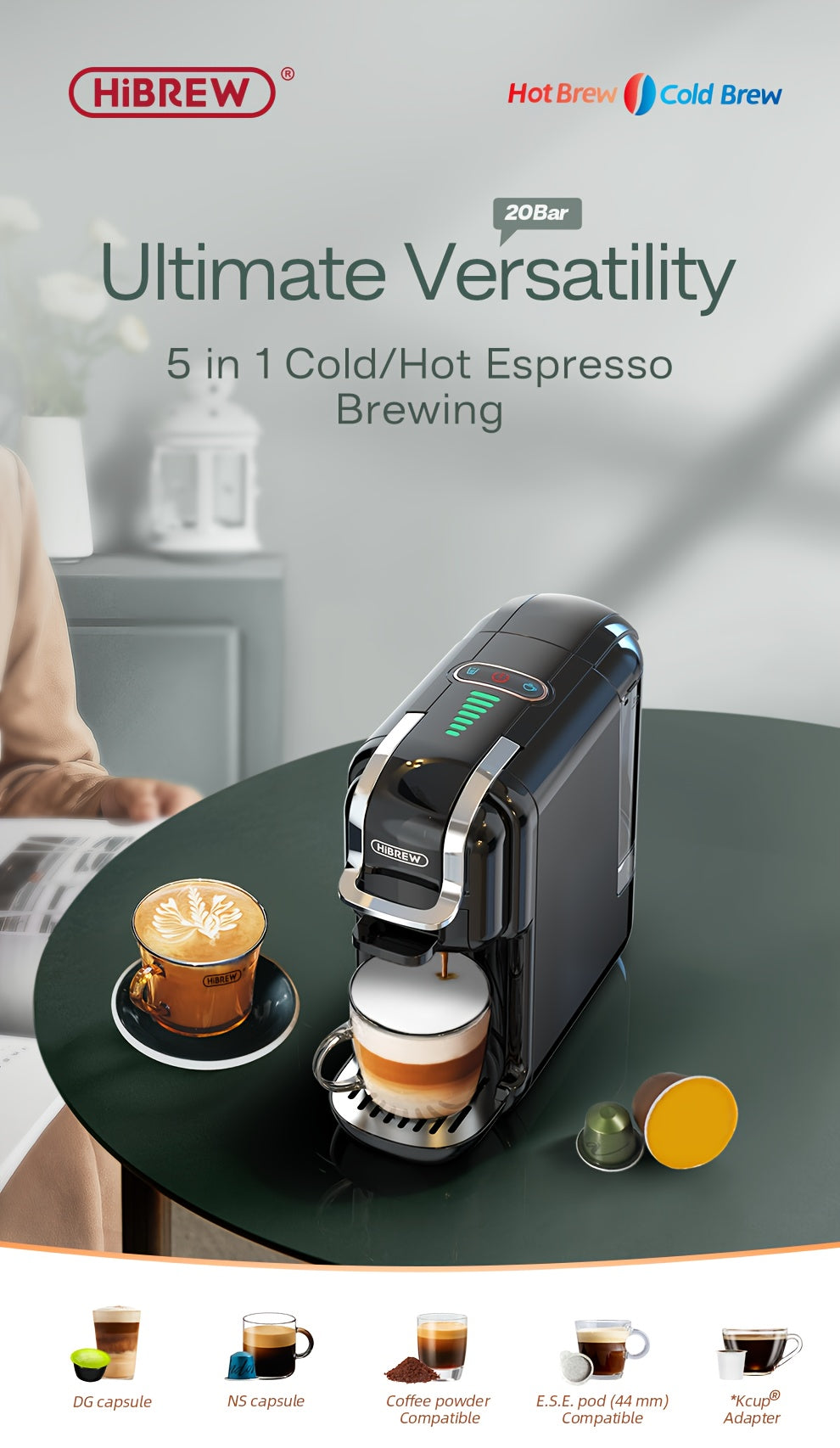 Cafeteras de cápsulas | Cafetera HiBREW 5 en 1 para cápsulas múltiples, café caliente/frío, DG Cappuccino Nes, para cápsulas pequeñas ESE Pod y