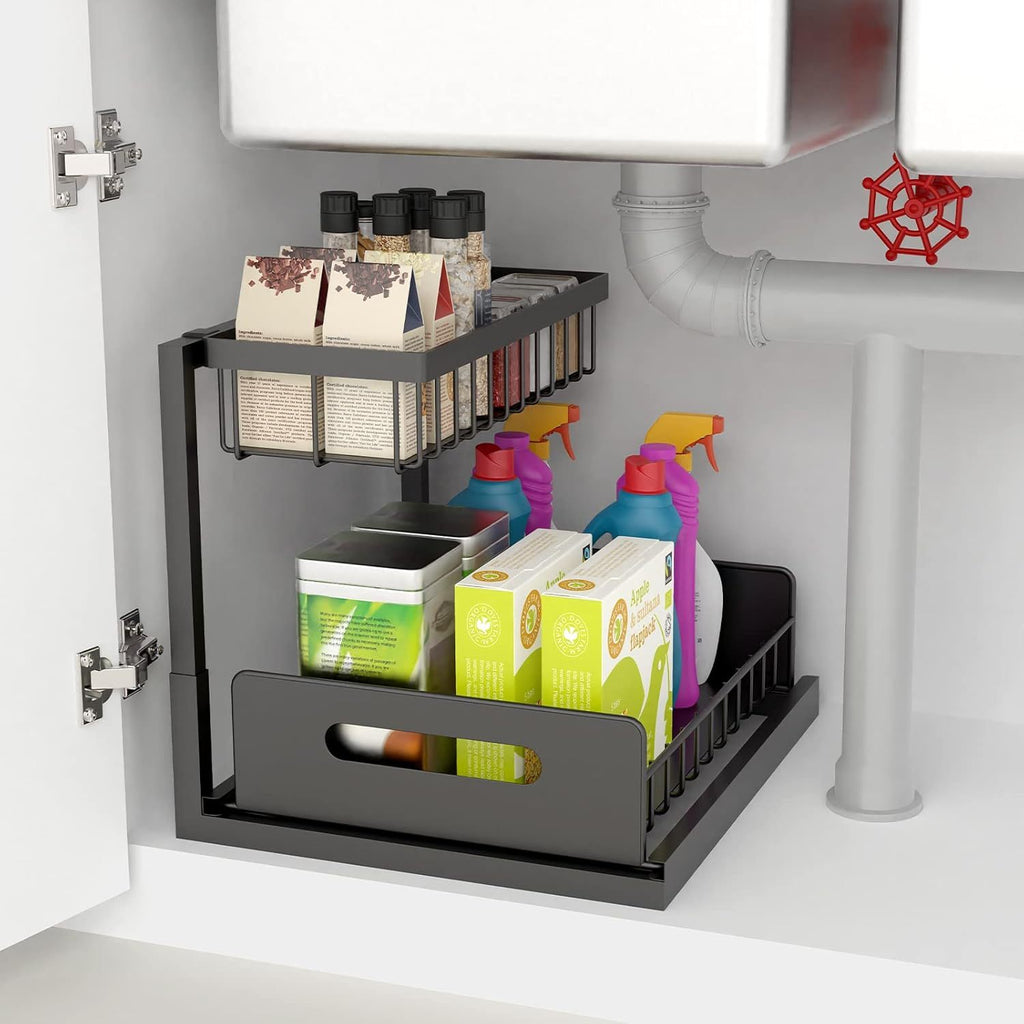 Organizador para debajo del fregadero, estante de almacenamiento para debajo del fregadero, estante organizador extraíble, estante de almacenamiento multifuncional de doble capa para artículos diversos, estante de almacenamiento deslizante de gran capacid