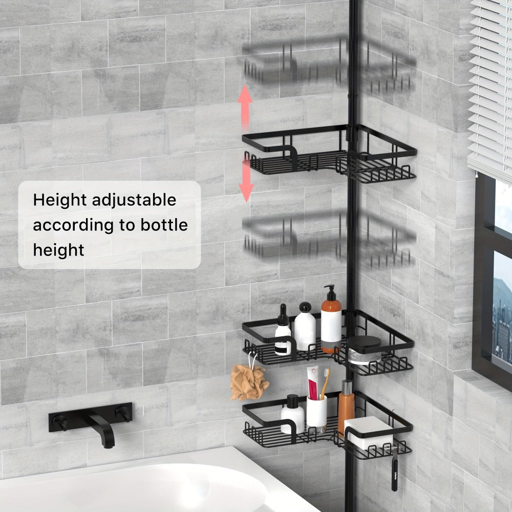 Estante de esquina para baño de 4 niveles a prueba de óxido, caja de almacenamiento para bañera para accesorios de champú, de pie ajustable, estante de almacenamiento para baño a prueba de óxido con barra de tensión, adecuado para artículos esenciales de