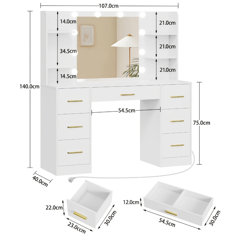 Tocador Grande con Espejo LED Iluminado y Toma de Corriente, Mesa de Maquillaje con 7 Cajones, 4 Estantes y 5 Ganchos, Tocador, Juego de Escritorio de Tocador para Dormitorio, Baño