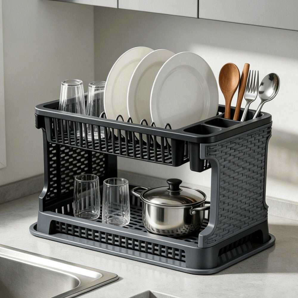 Escurridor de platos plegable de gran capacidad con bandeja de goteo, secador de platos