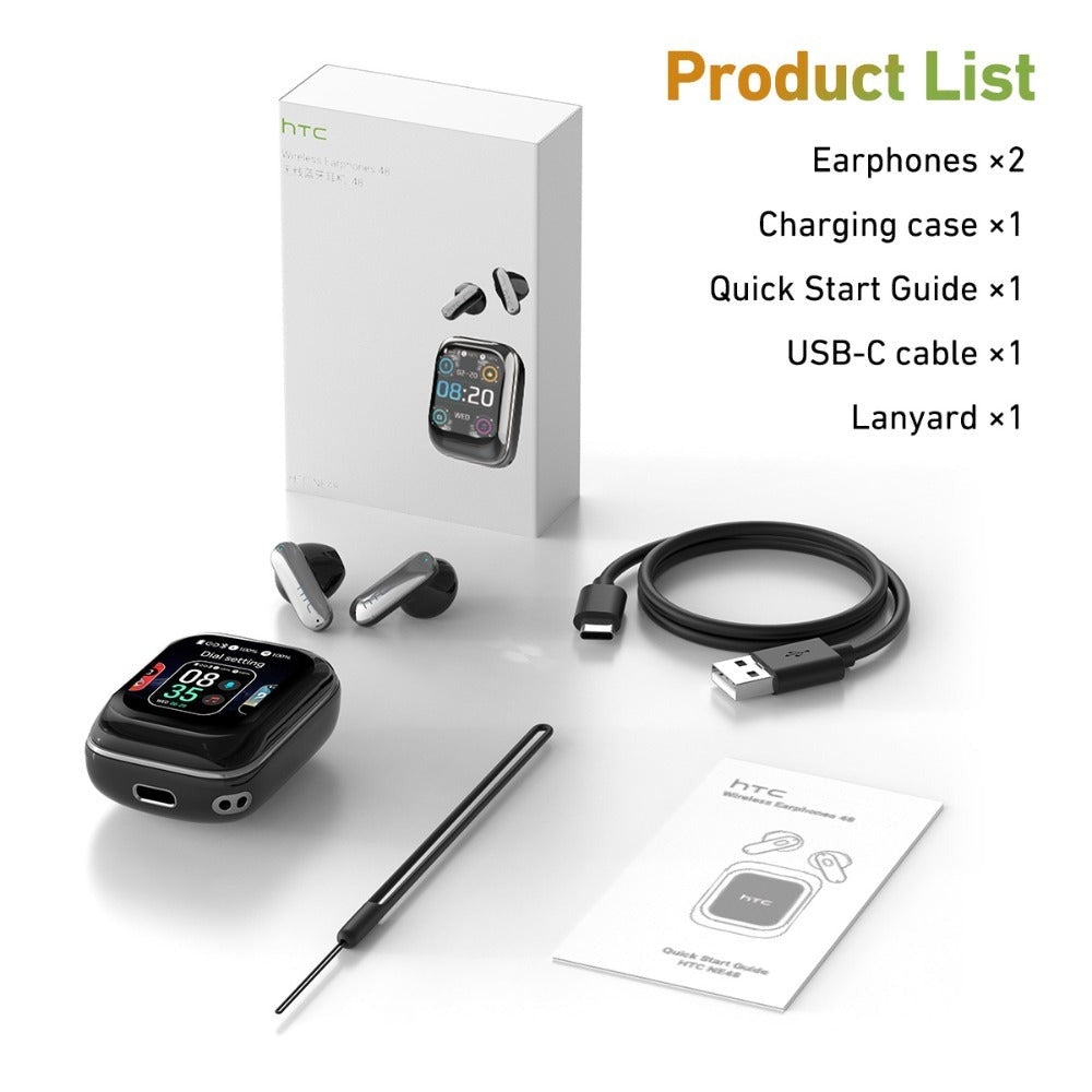 Auriculares Inalámbricos HTC NE48 con Estuche Deslizante OWS, Auriculares con Traducción Inteligente AI, Batería de Larga Duración de 30 Horas, Pantalla Táctil a Color, Baja Latencia, Micrófono con Cancelación de Ruido. Ideales para Música, Trabajo, Regal