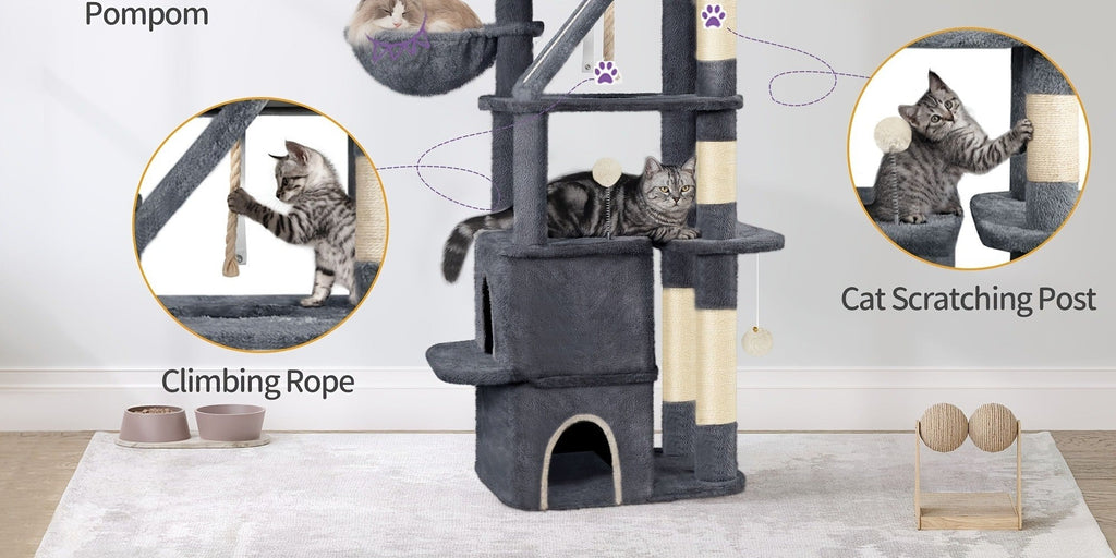 Árbol para Gatos de 185 cm, Torre Grande para Gatos de Interior, Mueble para Gatos con 2 Plataformas, 3 Condominios, 6 Postes para Rascar, 2 Cestas, Pompones y Cojín Lavable
