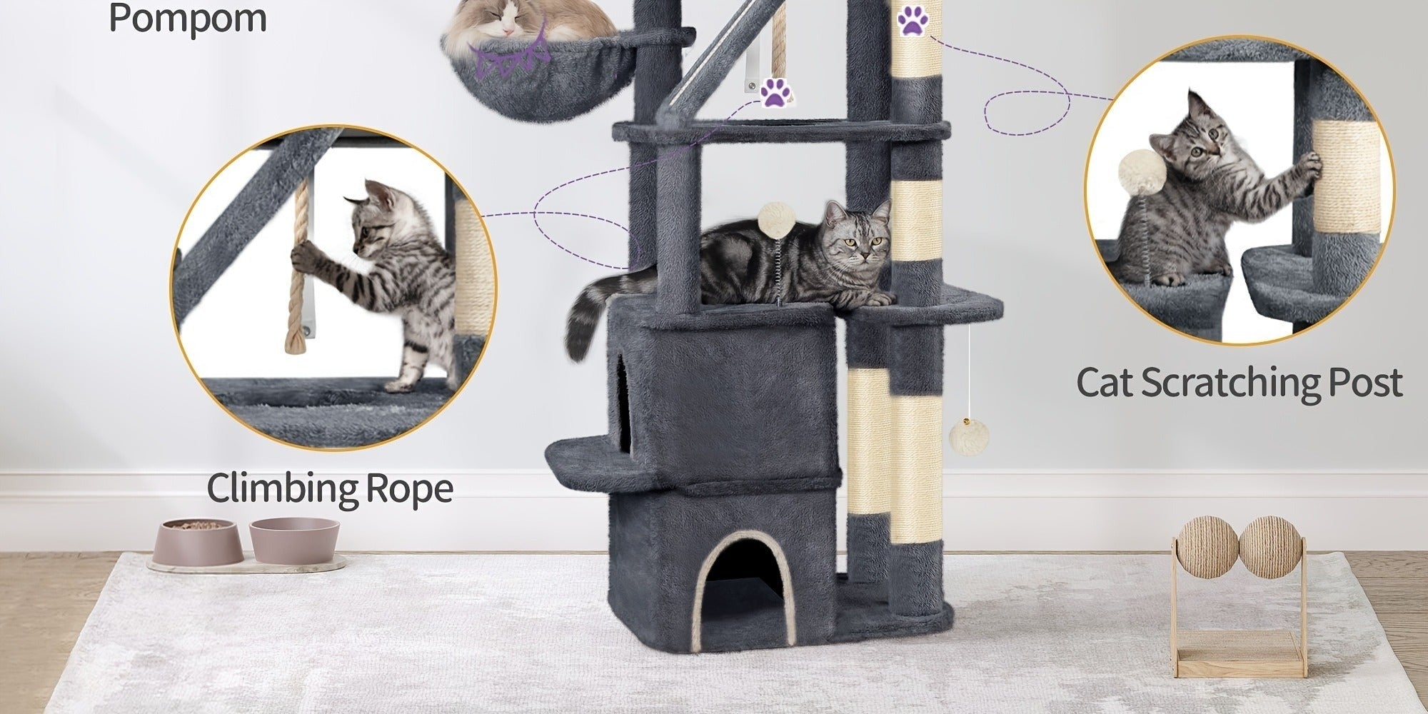 Árbol para Gatos de 185 cm, Torre Grande para Gatos de Interior, Mueble para Gatos con 2 Plataformas, 3 Condominios, 6 Postes para Rascar, 2 Cestas, Pompones y Cojín Lavable