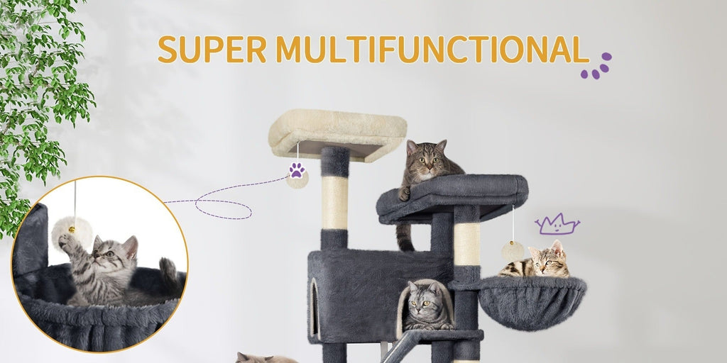 Árbol para Gatos de 185 cm, Torre Grande para Gatos de Interior, Mueble para Gatos con 2 Plataformas, 3 Condominios, 6 Postes para Rascar, 2 Cestas, Pompones y Cojín Lavable