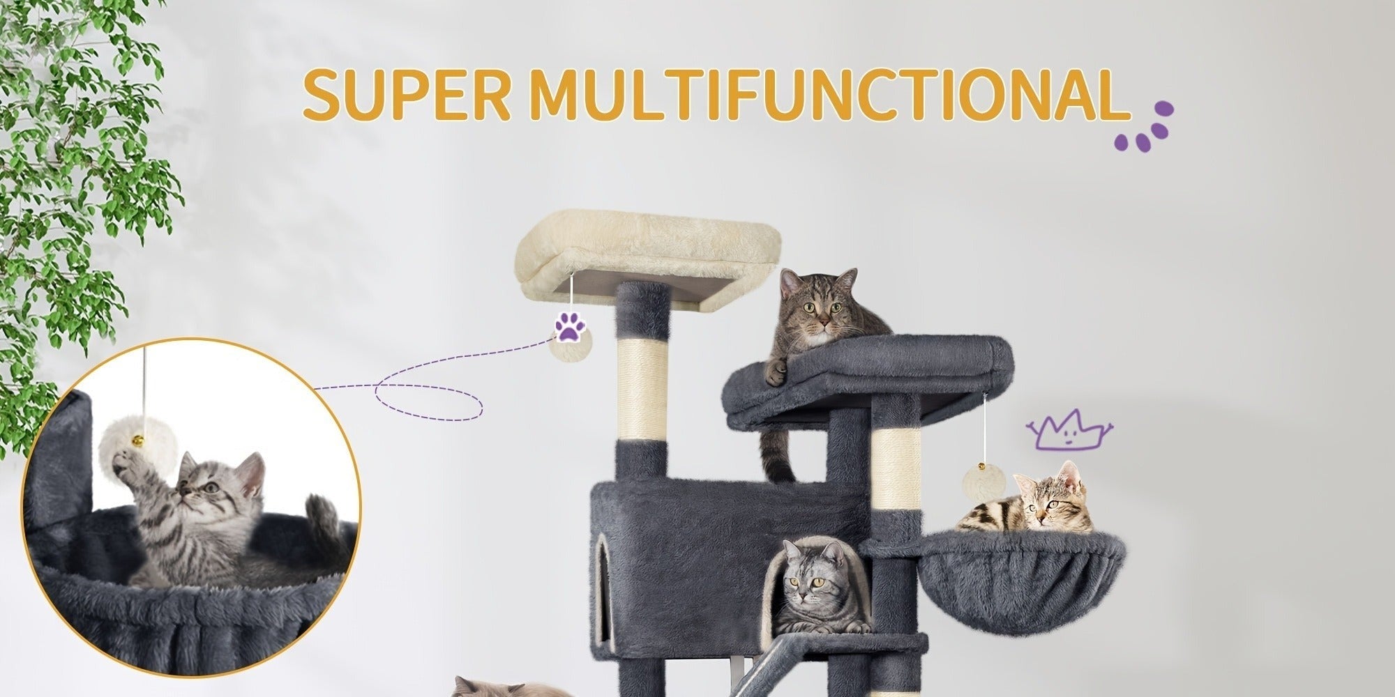 Árbol para Gatos de 185 cm, Torre Grande para Gatos de Interior, Mueble para Gatos con 2 Plataformas, 3 Condominios, 6 Postes para Rascar, 2 Cestas, Pompones y Cojín Lavable