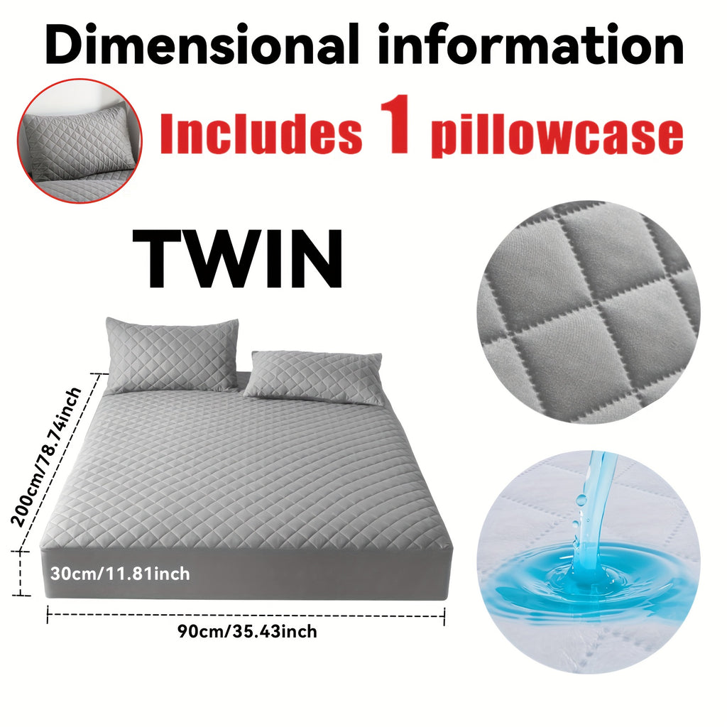 Este es un set de 3 piezas que incluye una funda protectora de colchón ultrasuave e impermeable y una media funda de almohada (el relleno de la almohada no está incluido). Cuenta con un diseño grueso y cálido en un color sólido, lo que lo convierte en una
