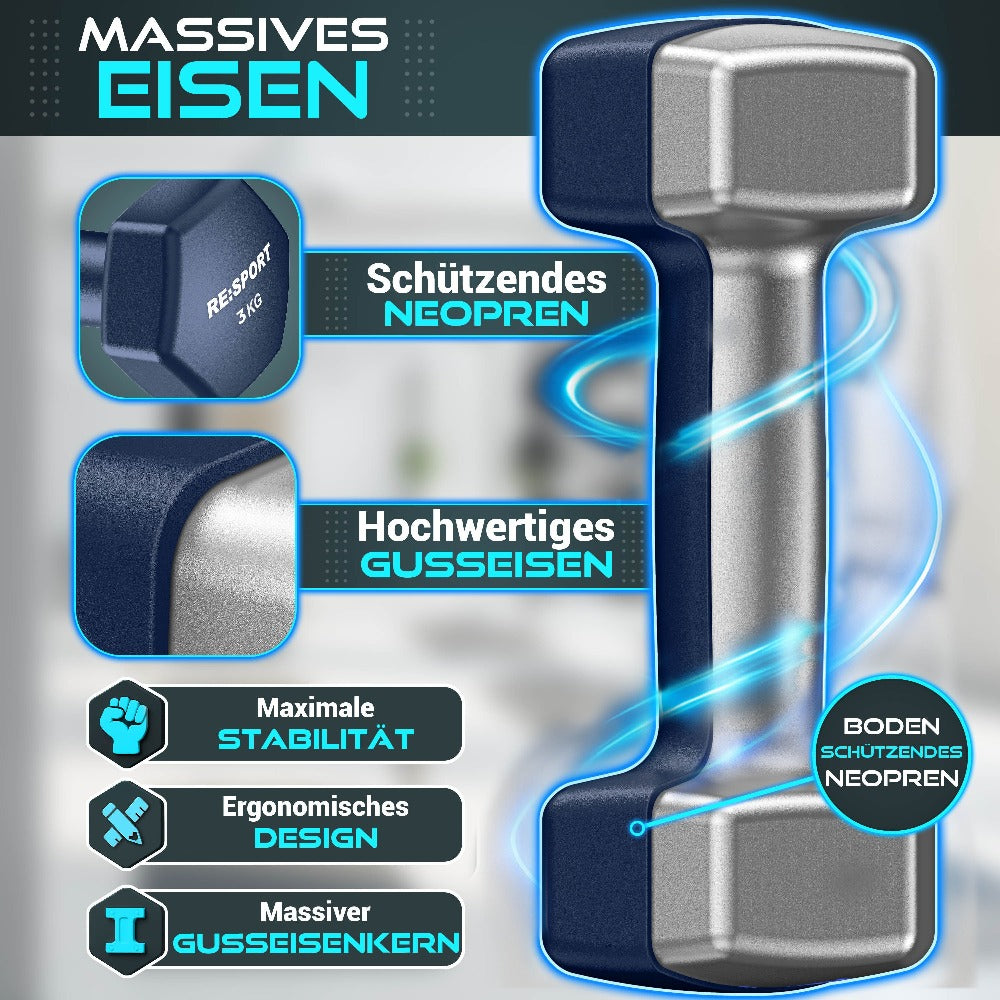 RE:SPORT® Juego de Mancuernas 3 Pares, 1Kg - 5Kg, 12Kg o 18Kg con Soporte y 3 Bandas Elásticas Fitness | Mancuernas Cortas Antideslizantes de Neopreno para Mujeres y Hombres | Juego de Mancuernas