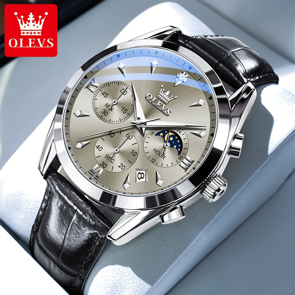 OLEVS Reloj para Hombre Clásico Cronógrafo Cuero Marrón Caja Dorada Analógico Cuarzo Moda Negocios Vestir Cara Grande Reloj de Hombre Día Fecha Luminoso Casual Reloj de Pulsera Masculino Regalos Románticos Relojes De Hombre Azul/Negro/Blanco/Marrón Esfera