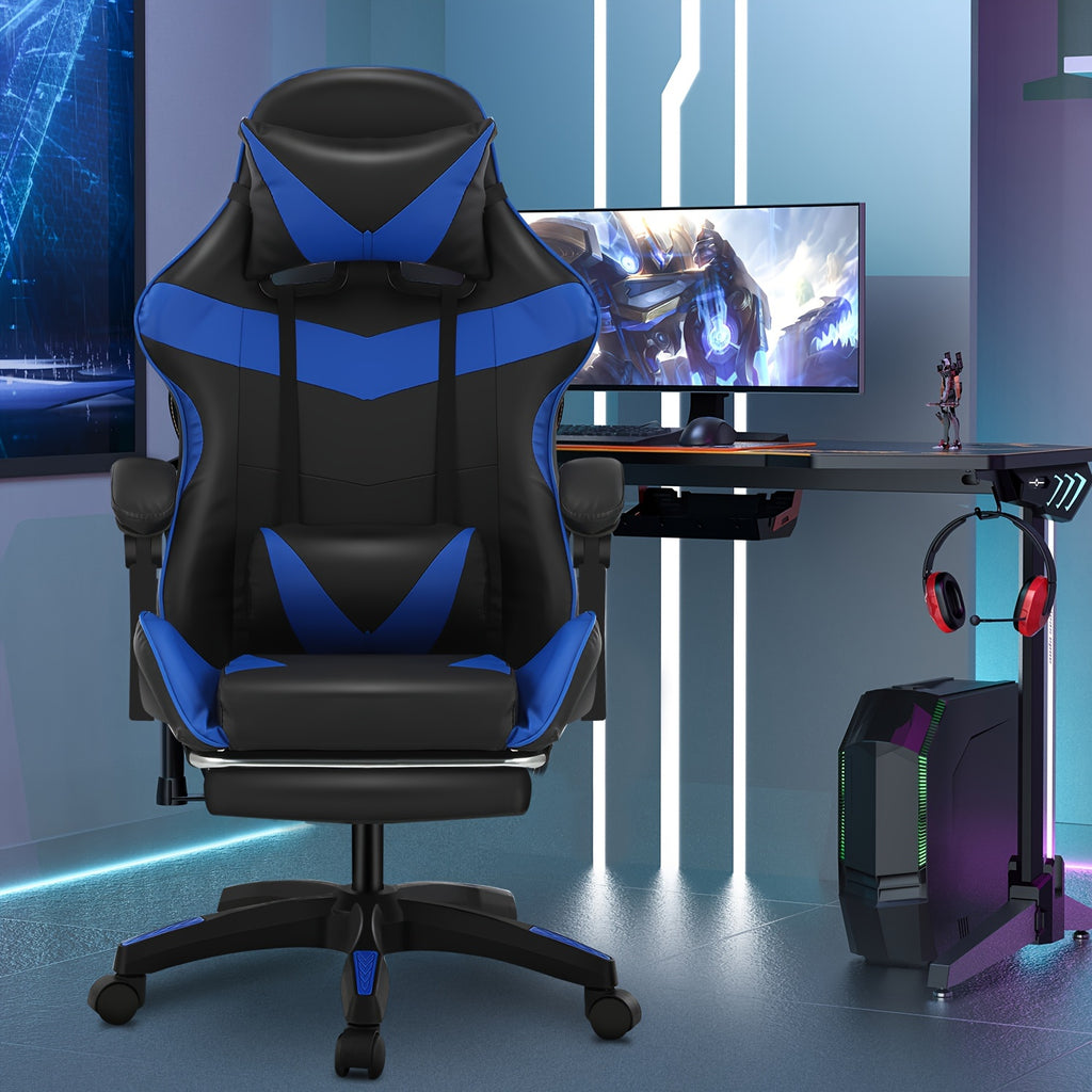 Silla de oficina ergonómica diseñada para gaming, con reposapiés, respaldo alto, giro ajustable y soporte lumbar, hecha de cuero PU en estilo racing para entusiastas de los E-Sports