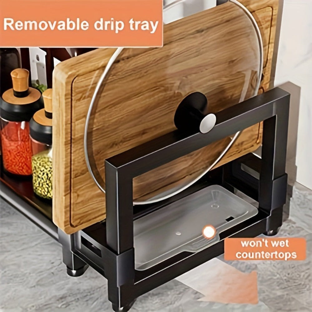 Especiero de pie, 3 niveles, frascos de especias de gran capacidad, estante de cocina, organizador de metal para almacenamiento en encimera con soporte para utensilios, soporte para tabla de cortar, con 6 ganchos,