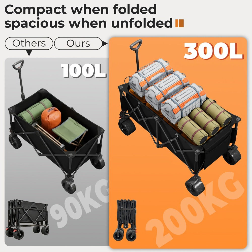 Carro plegable todoterreno de alta resistencia de 300L, carro profesional con certificación GS, ruedas de PU de 17cm con frenos, lona duradera gris oscuro Jet Black, plegable para sitios de construcción/camping, carro profesional