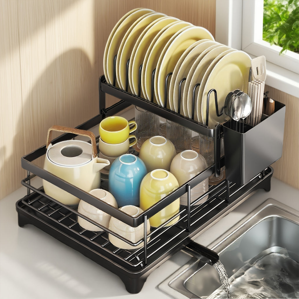 Escurridor de cubiertos de dos niveles con rejilla de drenaje, con salida de agua giratoria de 360°, equipado con una tabla de drenaje y un escurridor de cubiertos, un escurridor de cubiertos para encimera de cocina, un escurridor multifuncional que ahorr