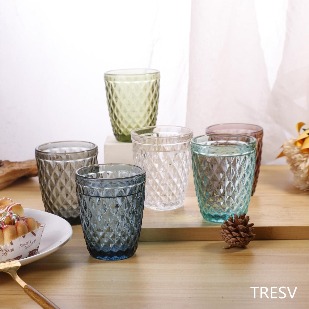 TRESV Set de 6 Vasos de Cristal 250ml | Diseño de Diamante Elegante | Aptos para Lavavajillas | Vidrio Sin Plomo para Agua y Refrescos