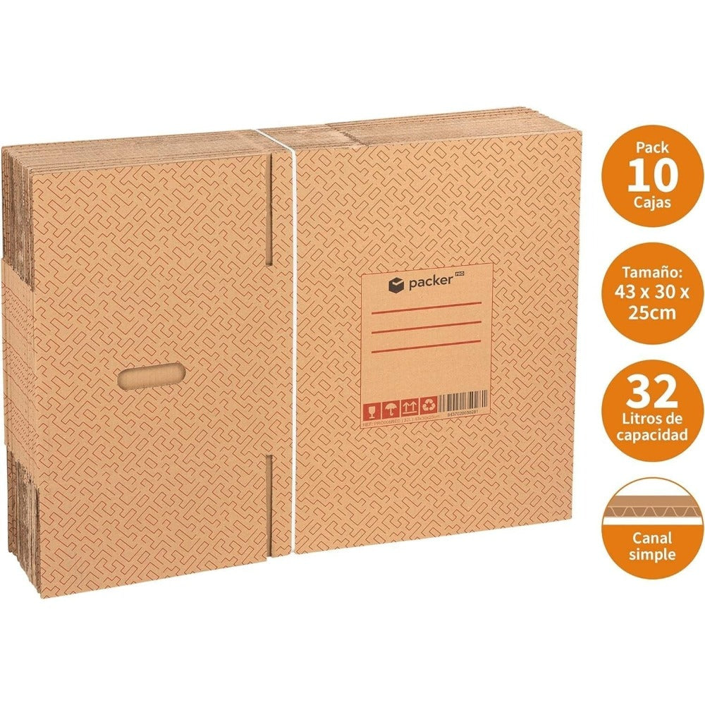Pack 10 Cajas Carton para Mudanzas y Almacenaje Ultra Resistentes con Asas