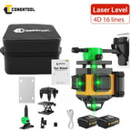 Nivel Láser Verde 4D de 16 líneas con retícula horizontal y vertical de alta precisión, rotación de 360°, nivelación automática y es un nivel láser multifuncional para medición precisa. Equipado con dos baterías de litio de 2400mAh/3600mAh
