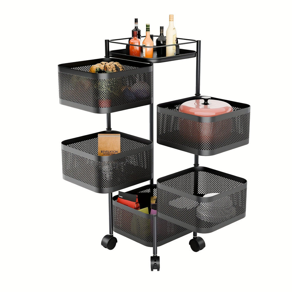 Carro Giratorio de Cocina de 5 Niveles con Ruedas, Unidad de Estantería Móvil de Marco Metálico Grande, Ideal para Despensa, Portafrutas, Verduras, Ahorrador de Espacio para Uso Doméstico o Comercial, Estante de Pie