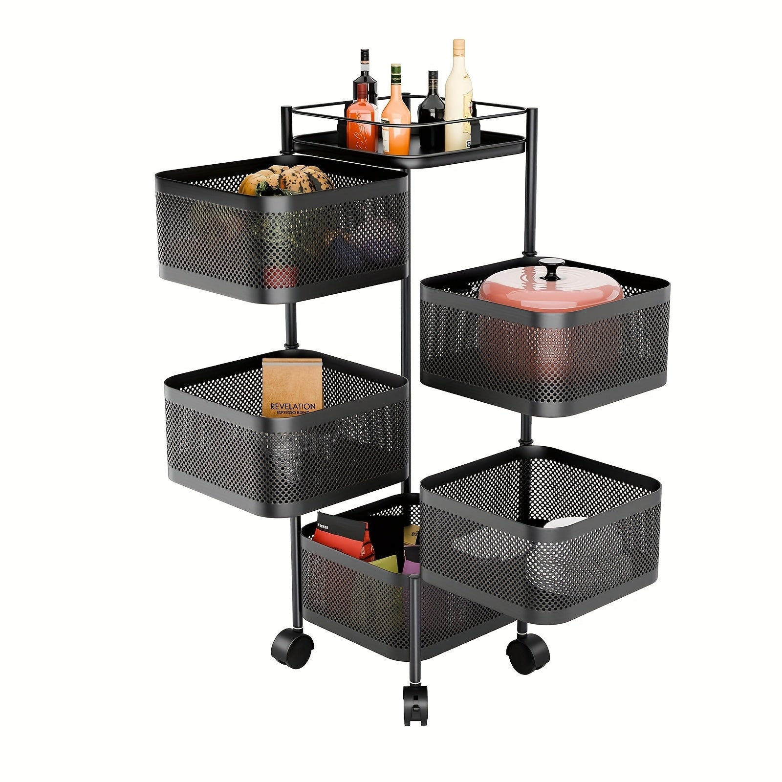 Carro Giratorio de Cocina de 5 Niveles con Ruedas, Unidad de Estantería Móvil de Marco Metálico Grande, Ideal para Despensa, Portafrutas, Verduras, Ahorrador de Espacio para Uso Doméstico o Comercial, Estante de Pie