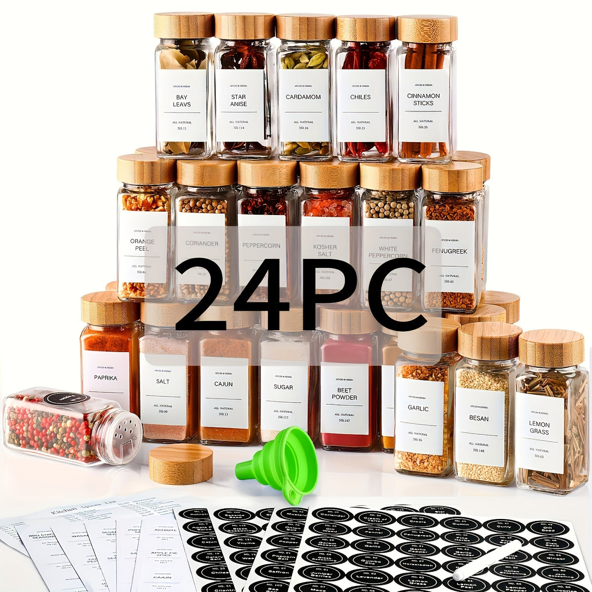 15/24/36 frascos para especias con papel de etiqueta y tapa, 4 oz, botellas vacías para especias con embudo plegable, recipientes de vidrio para condimentos, frascos de almacenamiento, accesorios de cocina para restaurantes comerciales, fra
