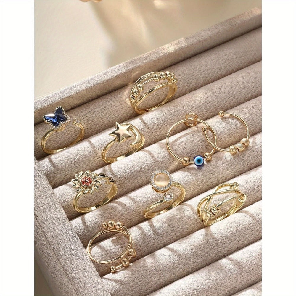 9 anillos Fidget Spinner para mujeres y hombres, anillos abiertos CZ con forma de flor, luna y estrella, anti giratorios, ajustables
