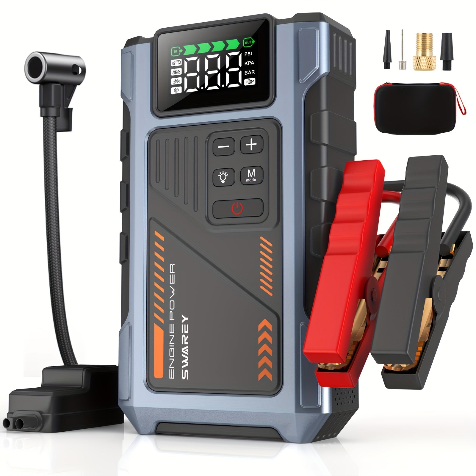 SWAREY 12000Mah Arrancador de Coche con Batería Externa y Compresor de Aire de 150PSI, 6000A Impulsores de Batería de Coche 12V con Inflador de Neumáticos, con Pantalla LCD, Batería Externa Arrancadora (7.5L Gas/6L Diésel), Luz LED