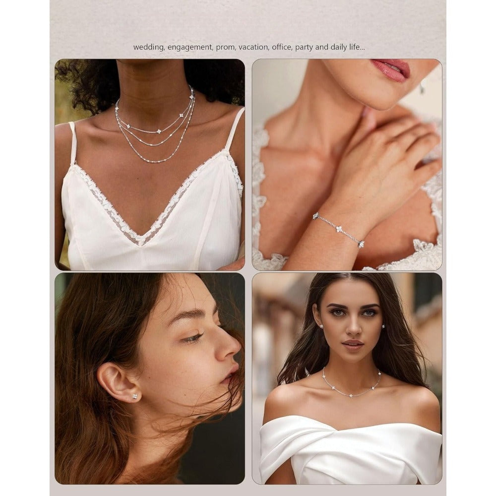 Juego de Joyería para Mujer: Aretes de Botón en Plata 925, Pulsera Dorada, Collar Ajustable con Cadena de Eslabones y Zirconia Cúbica Sintética, Elegante Conjunto de Boda y Novia