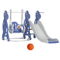 Tobogán infantil 4 en 1, tobogán con columpio y canasta de baloncesto, longitud del tobogán 145 cm, parque infantil multifuncional, para uso en interiores y exteriores, con peldaños y soportes extra anchos