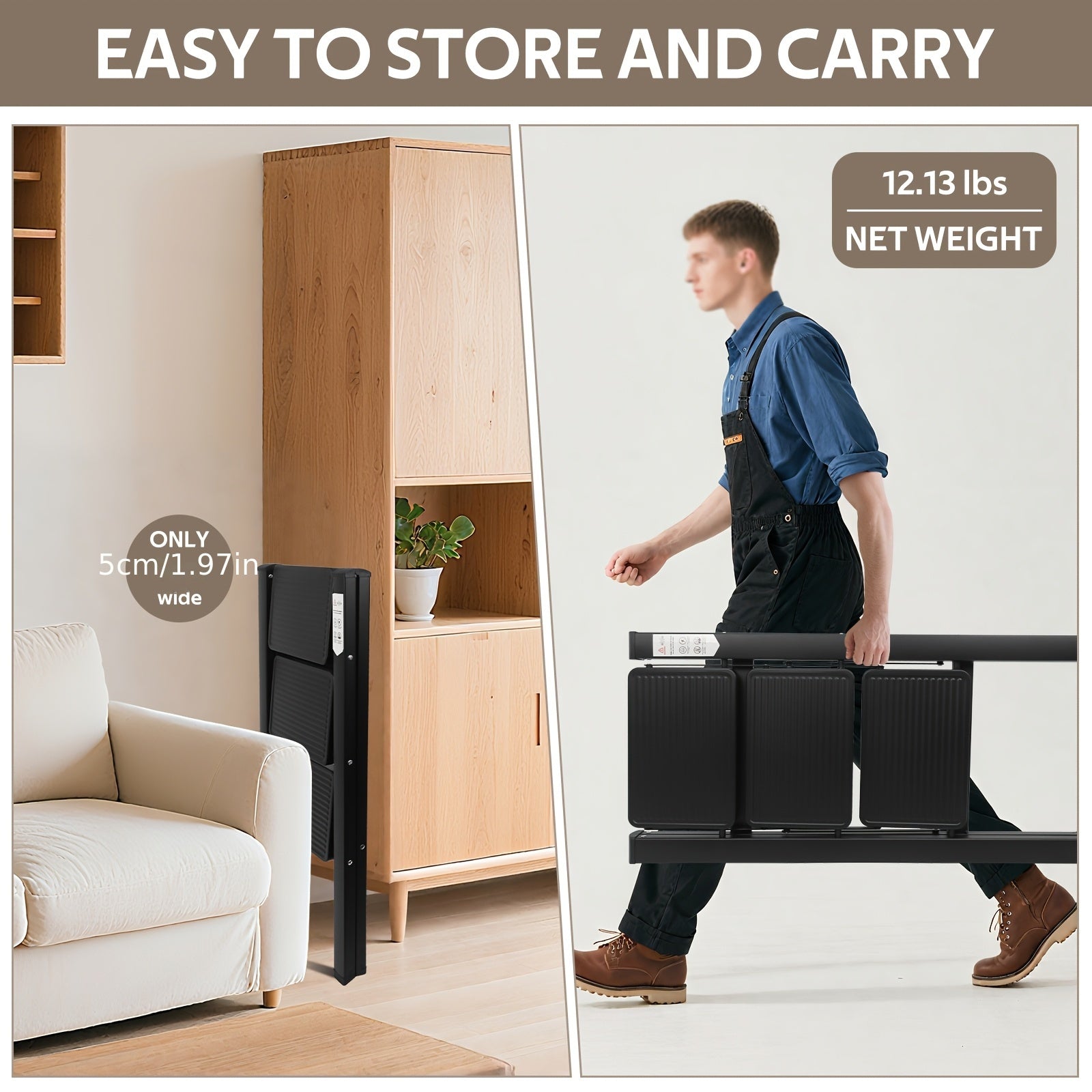 Escalera plegable | 1 ud. Escalera plegable de 3 peldaños, portátil y ligera, con un pedal ancho antideslizante, adecuada para diversas tareas