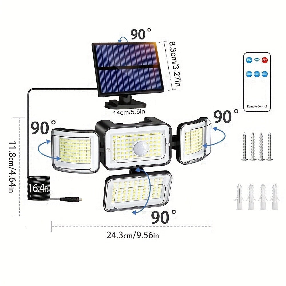 2/4 piezas de luces solares de pared para exteriores, 288 LED con sensor de movimiento y control remoto, 4 modos de iluminación para patio solar, focos de seguridad de gran angular de 270°, luz solar de pared de 4 cabezales para porche, jardín, garaje, te