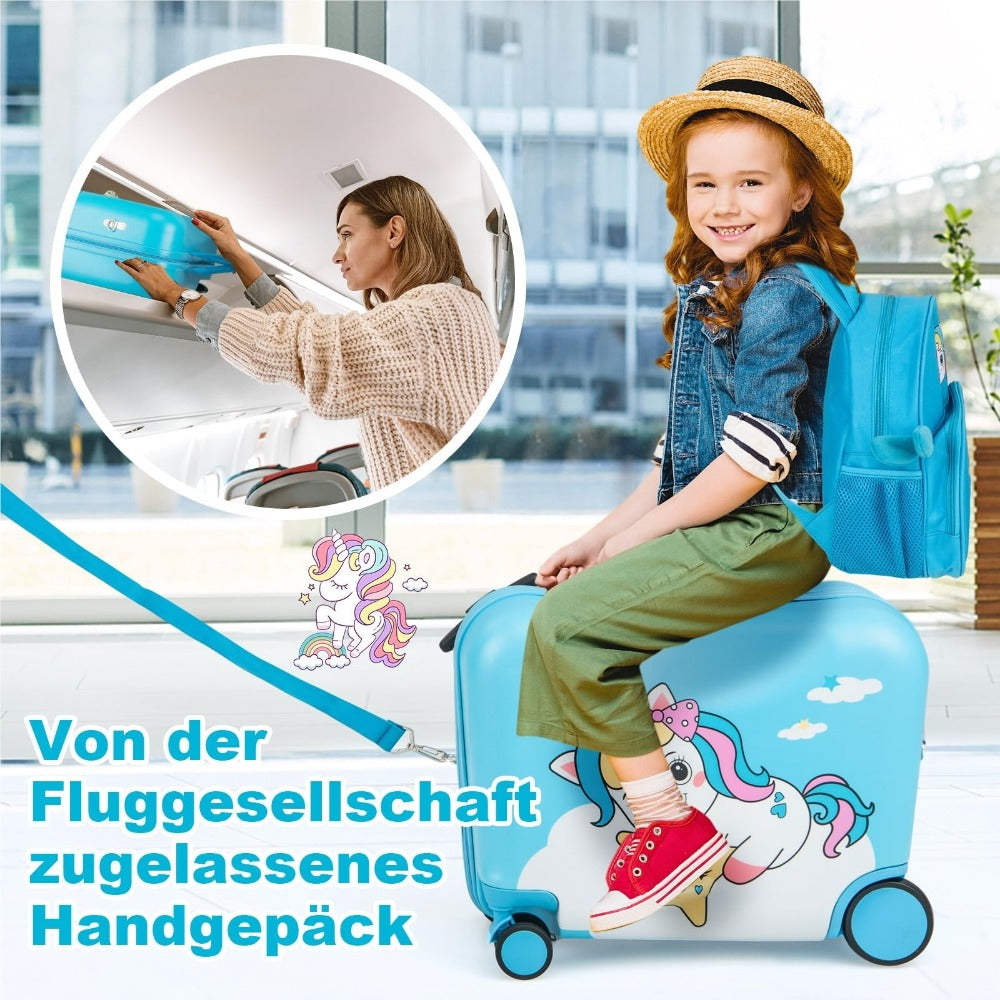 Maleta para niños de 2 en 1 + mochila, trolley de 12"+18" para niños con ruedas y carcasa dura impermeable, equipaje para niños, maleta con ruedas y mochila para niños y niñas (Unicornio azul)