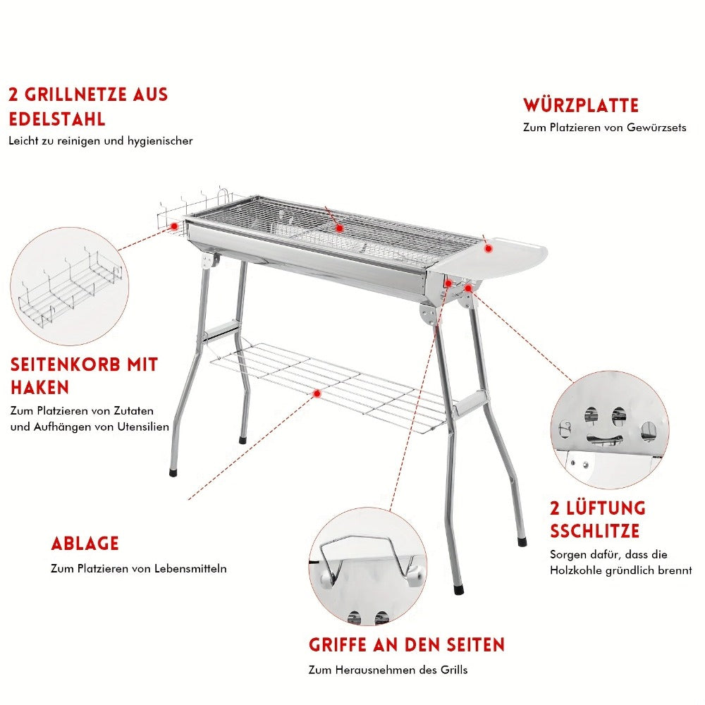 Conjunto de 1 pieza, Parrilla de Acero Inoxidable, Parrilla Exterior Engrosada, Estufa Plegable Doméstica Pequeña en un Segundo con Brochetas de Carbón, Suministros de Cocina, Accesorios de Cocina, Accesorios para Barbacoa