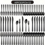 Juego de vajilla de acero inoxidable negro de 72 piezas, vajilla de acero inoxidable genuino, 60 piezas negro brillante, adecuado para 12 personas, juego de cubiertos de cuchillo, tenedor, cuchara, adecuado para bodas, fiestas, cumpleaños, restaurantes, a