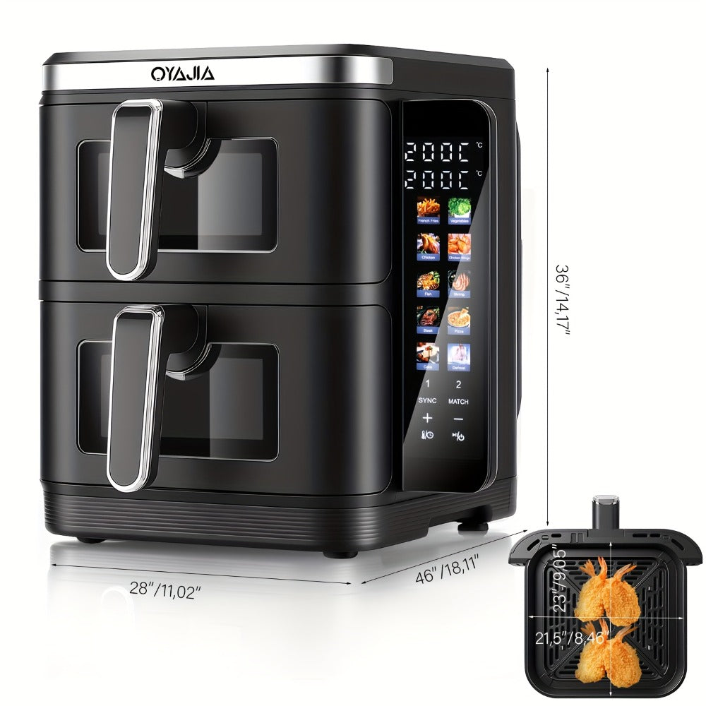 Freidora de Aire de 11L con Ventana de Fácil Visualización, Cajones Verticales Dobles, Cocción en 4 Niveles, Capacidad XXL - 2 Cestas de 5.5L, 2 Cajones y 2 Rejillas, Ahorro de Espacio, 10 Funciones, Sincronización y Compatibilidad, Libre de PFAS, 2800W