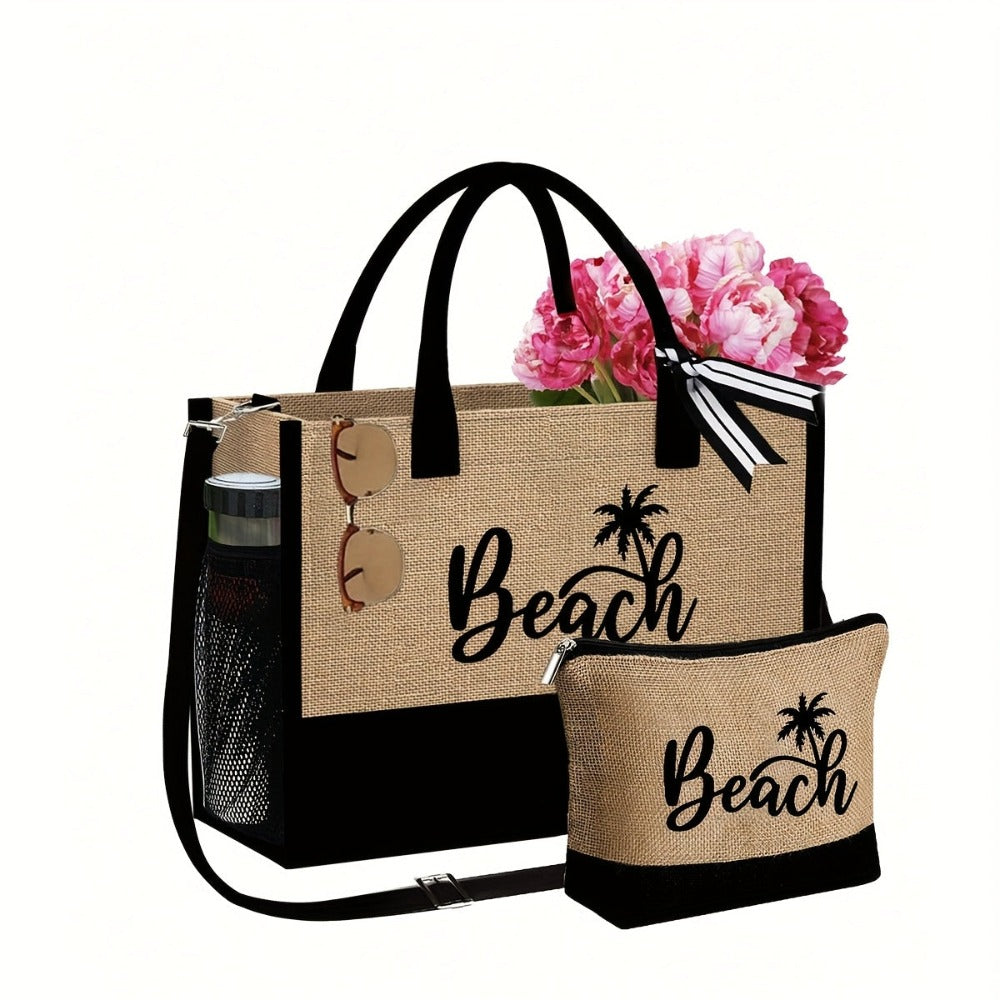Bolso de Playa para Mujer, con un Diseño Moderno de "Beach" y Sombrero de Playa, Ideal para Vacaciones en la Playa y Bodas al Aire Libre. Un Regalo Perfecto para Mujeres, Madres, Estudiantes y para el Regreso a Clases