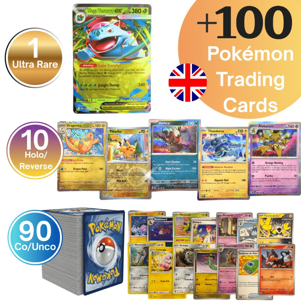 Cartas Pokémon: Paquete ULTRA +100 Cartas, Incluye 1 EX ULTRA RARA Brillante en Inglés - Conjunto Pokémon