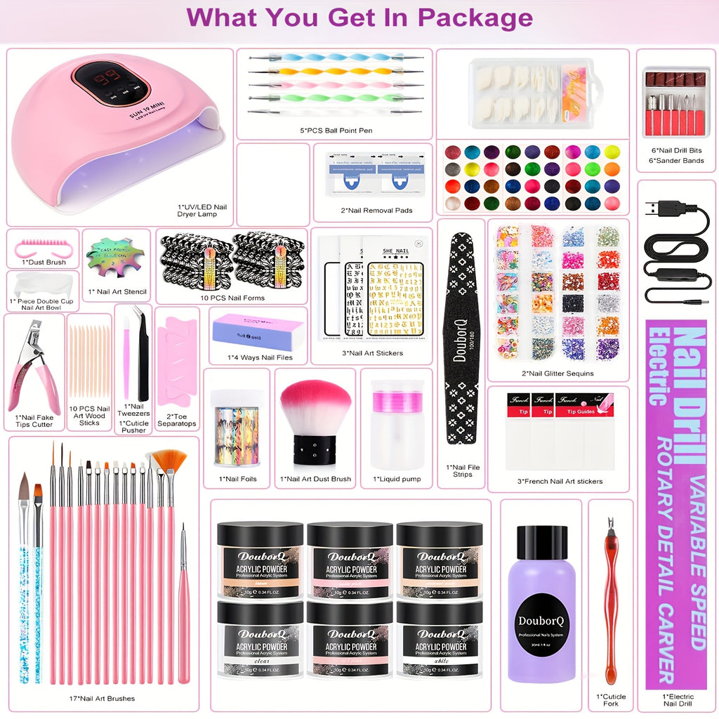 Kit de acrílico para principiantes con colores nude, transparente y rosa intensa, incluye herramientas para uñas, polvo de acrílico con glitter, líquido acrílico, lámpara LED y juego de taladro para extensión de uñas