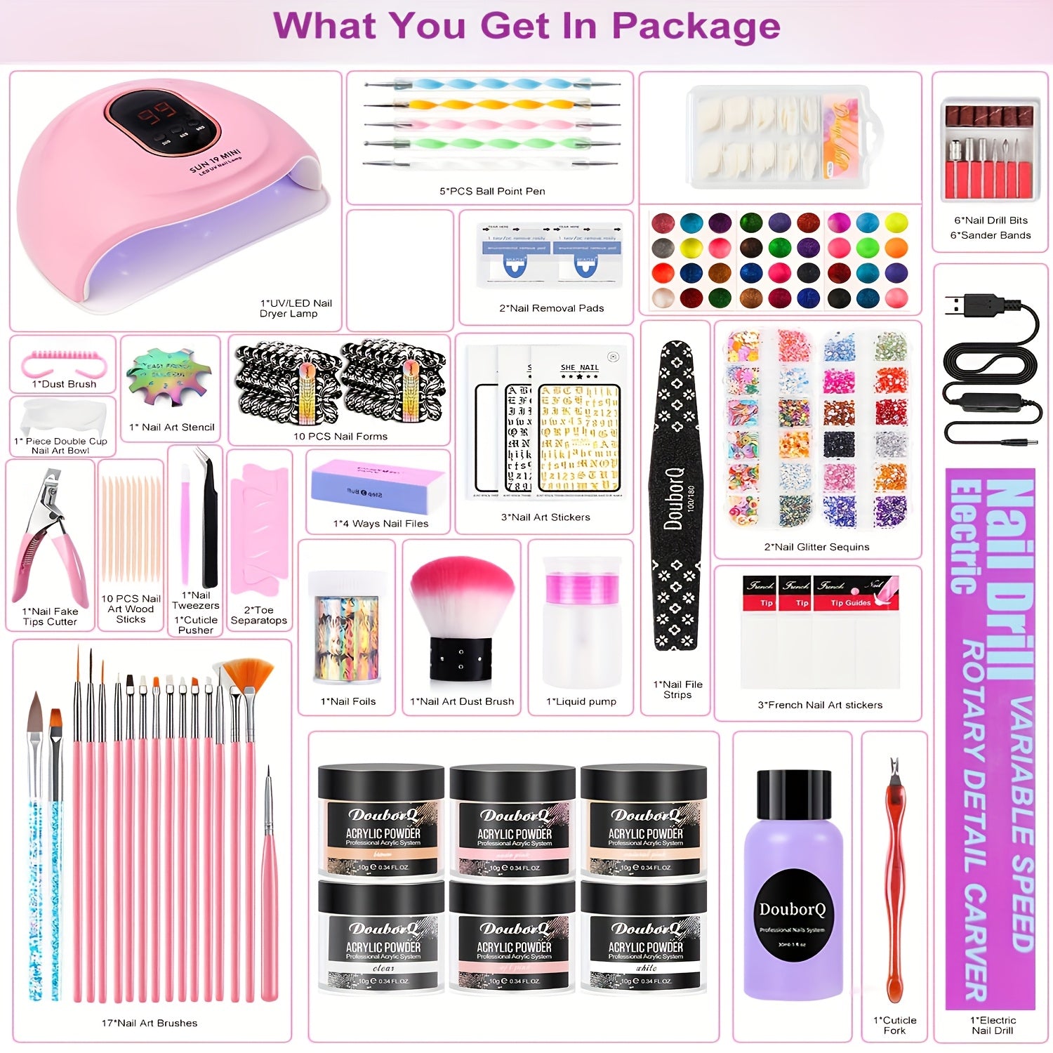 Kit de acrílico para principiantes con colores nude, transparente y rosa intensa, incluye herramientas para uñas, polvo de acrílico con glitter, líquido acrílico, lámpara LED y juego de taladro para extensión de uñas