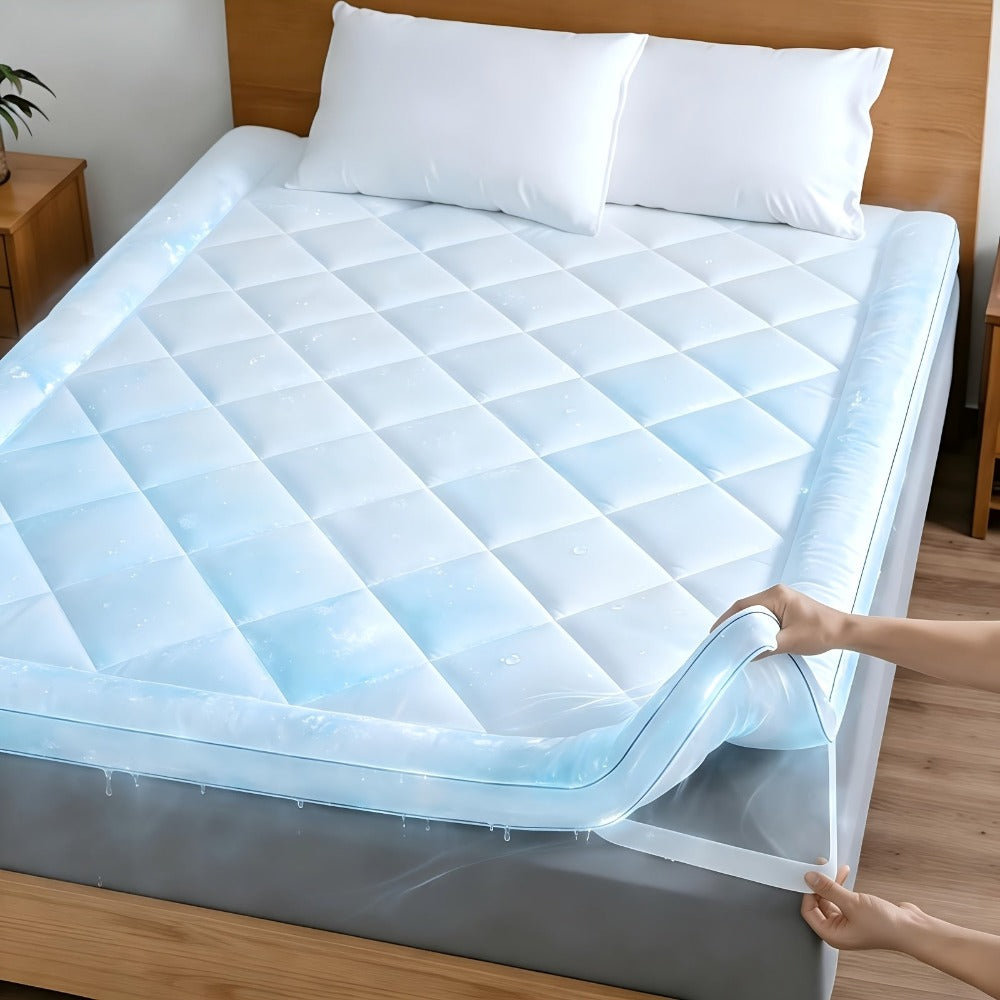 Cubrecolchón cómodo de 1200 GSM, ultrasuave, refrescante y transpirable para todas las estaciones, de fácil cuidado, lavable a máquina, con bandas elásticas resistentes.