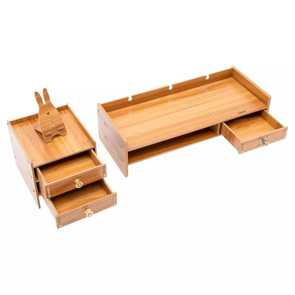Organizador de escritorio de madera con cajones, material de oficina, escritorio de computadora, mesa de escritorio