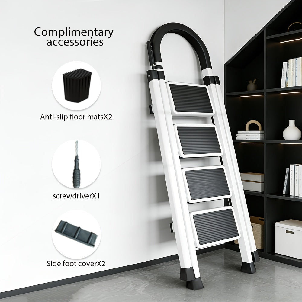 Escalera plegable de acero inoxidable, escalera portátil multifuncional, equipada con pedales anchos antideslizantes, ligera, duradera y compacta, fácil de transportar. Adecuada para el hogar, la oficina, el dormitorio, la cocina y el jardín, etc. Escenar