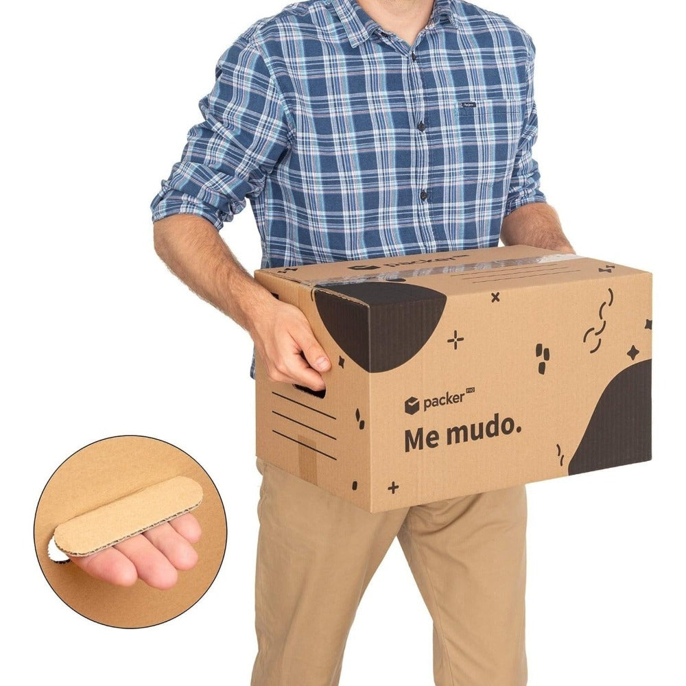 Caja Cartón para Mudanzas y Almacenaje Ultra Resistentes con Asas, Cartón Resistente de Máxima Durabilidad, Tamaño Ideal para Mudanzas y Almacenaje de Libros, Objetos y Ropa, Asas Laterales para Manejo Fácil y Seguro - packer PRO