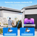 Cámara de seguridad solar solar exterior de 8MP con triple lente y triple vista 4G, videovigilancia, rotación panorámica-inclinable PTZ 360°, seguimiento de movimiento, detección humana PIR, audio bidireccional, visión nocturna a todo color, notificacione
