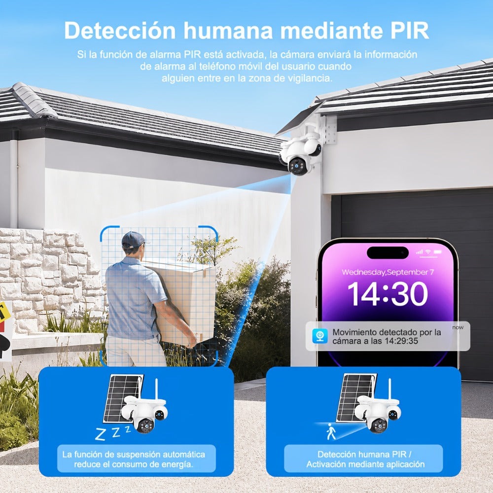 Cámara de seguridad solar solar exterior de 8MP con triple lente y triple vista 4G, videovigilancia, rotación panorámica-inclinable PTZ 360°, seguimiento de movimiento, detección humana PIR, audio bidireccional, visión nocturna a todo color, notificacione