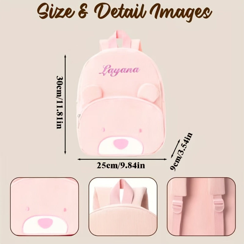 Mochila de Pana con Bordado de Oso Personalizado - Bolso de Hombro Ajustable para Mujeres, Ligero y Transpirable, con Opción de Nombre Personalizado, Forro de Nylon Duradero, Ideal para Regalos de Vuelta al Colegio y Viajes