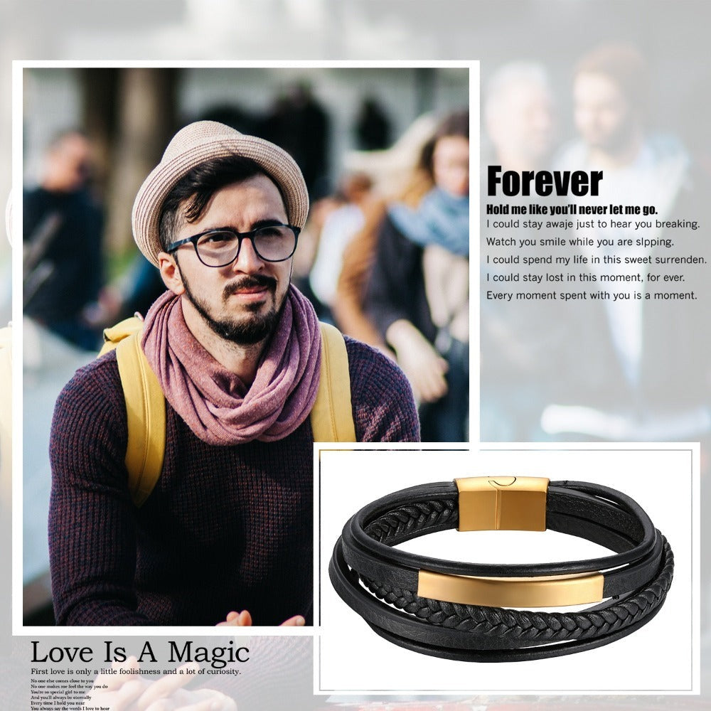 Pulseras de Cuero Genuino Trenzado Multinivel con Hebilla Magnética para Hombres - Estilo Punk