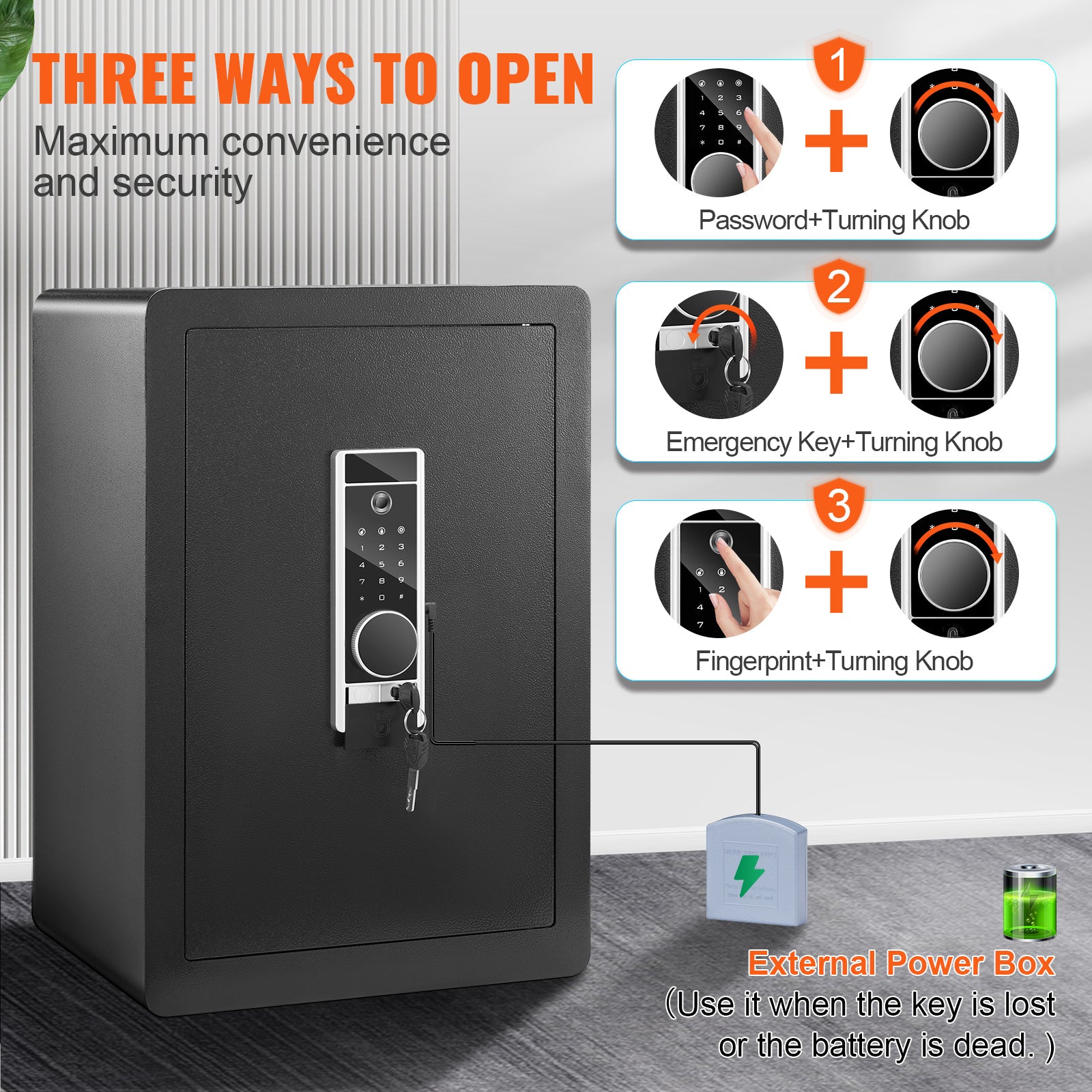 VEVOR Seguro, 2.2 pies cúbicos Caja Fuerte para el Hogar, Caja de Seguridad de Acero con Huella Digital, Teclado Digital y 2 Llaves, Caja Fuerte con Bolsa Grande a Prueba de Fuego, Protege Efectivo, Oro, Joyas, Documentos, 15.8x13x23.6 pulgadas