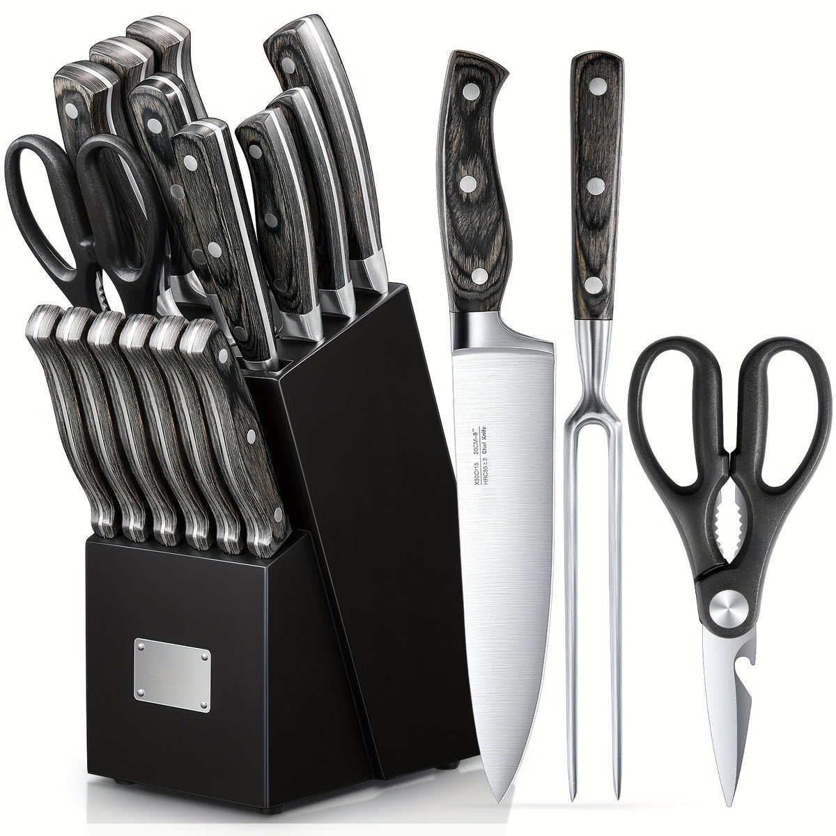 16 piezas de complementos de cocina, juego de cocina, artículos de cocina, con mango de madera, juego de acero inoxidable con bloque de madera, electrodomésticos y complementos de cocina profesionales con acero de afilar, regalo de Navidad 